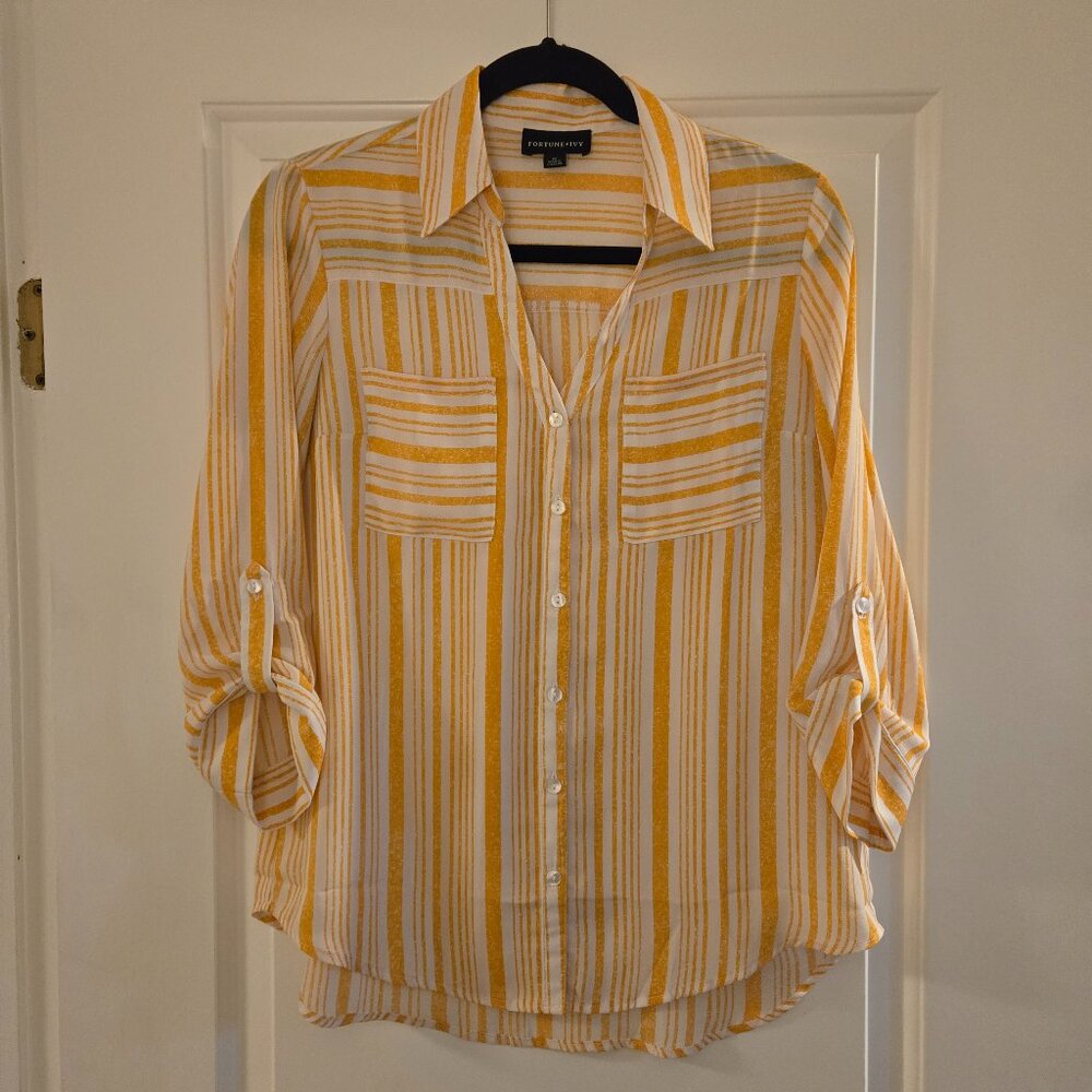 Fortune+Ivy White/Yellow Button-Up Top, Size M